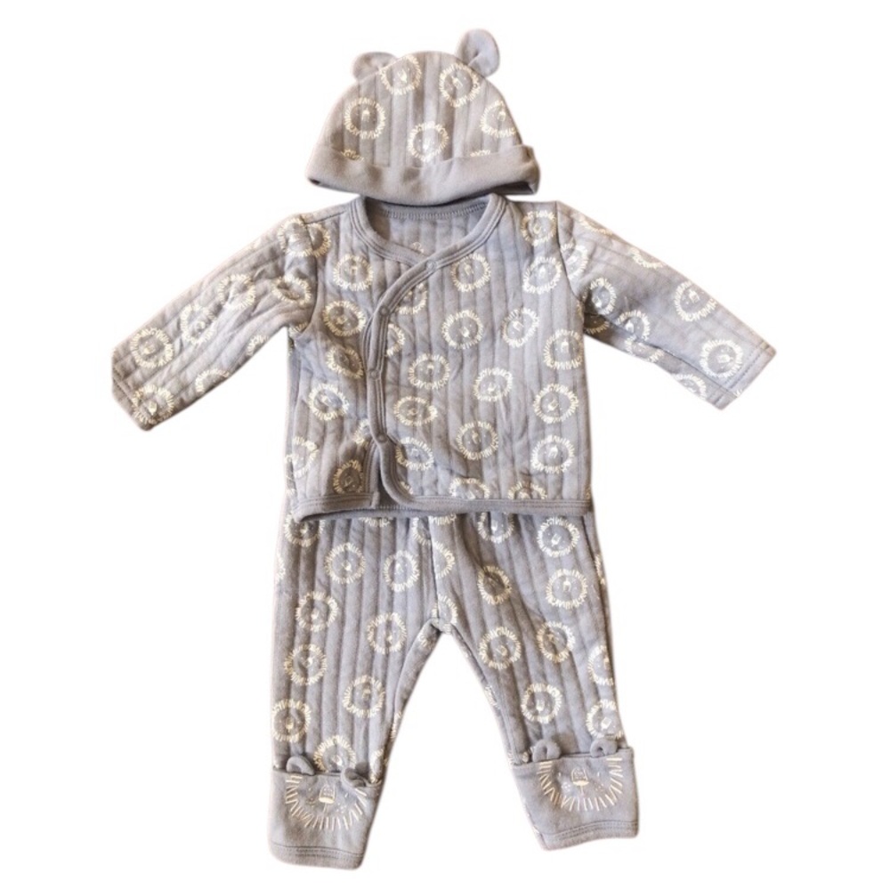 Duck Duck Goose 3 pc Blue Quilted Set Top Bottoms Hat Sz 3-6 Mo Lion Print